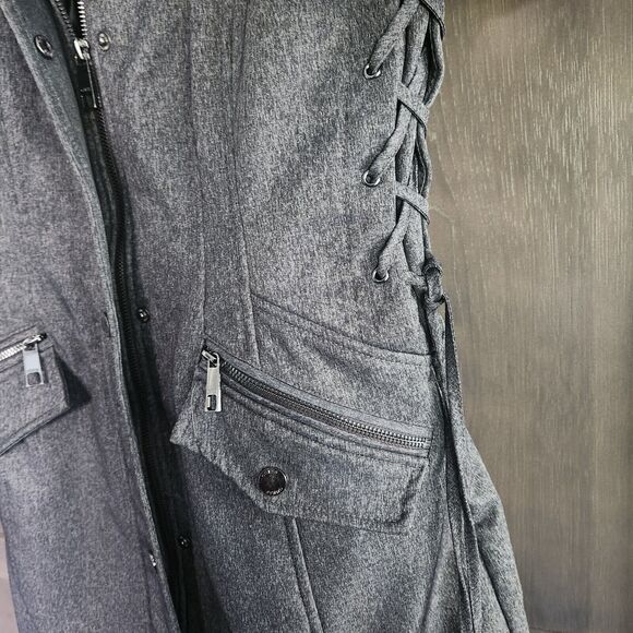 Guess Women Small Long Sleeve Black Gray Hood Trench Pea Coat Puffer Jacket FLAW - Picture 7 of 16